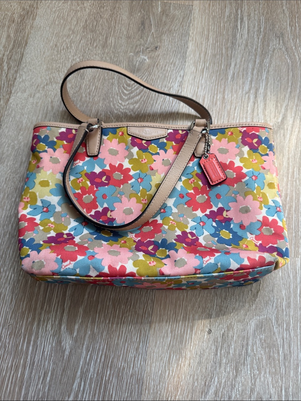 Coach Multicolor Floral Canvas Tote with Pink Tag and Tan Leather Straps